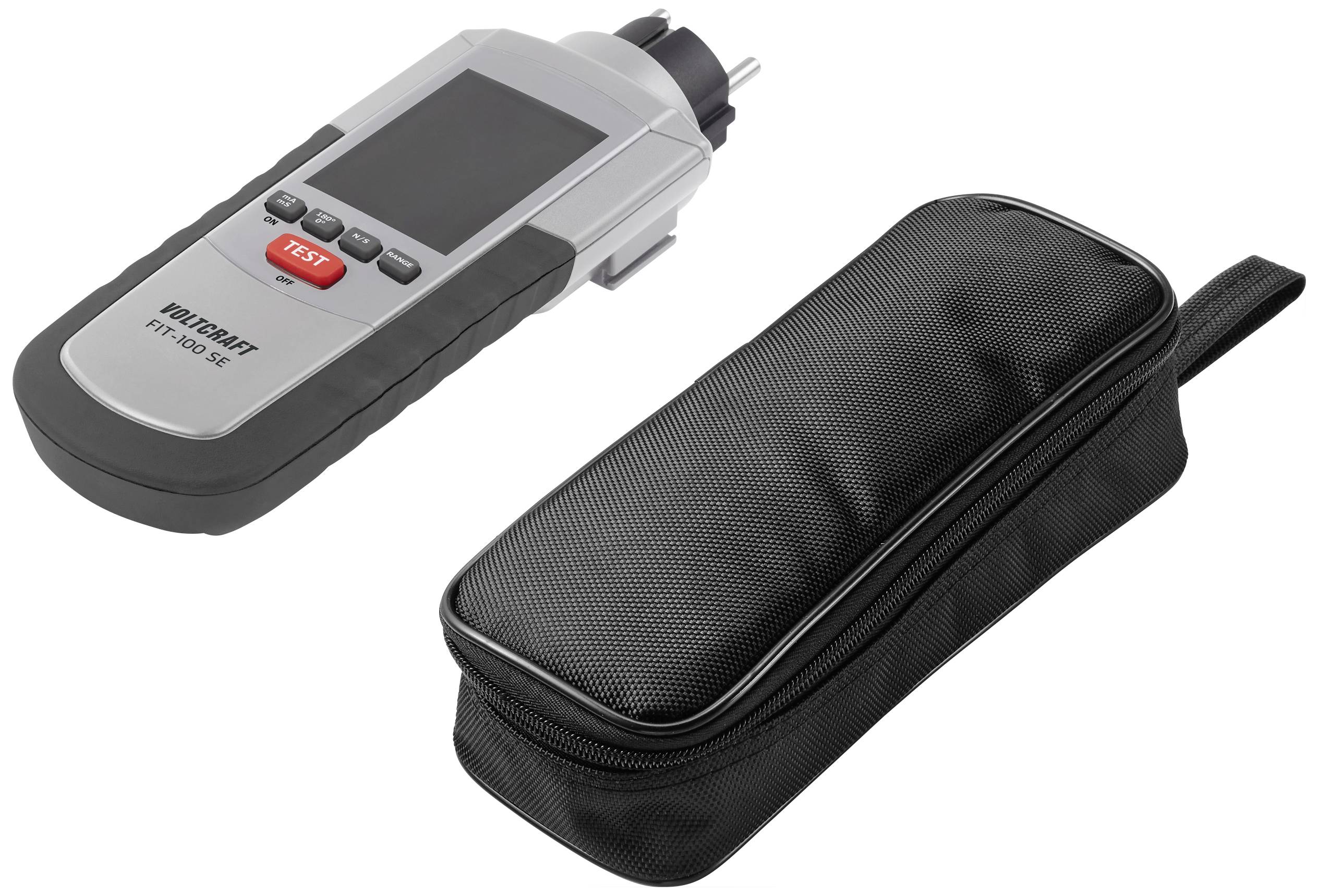 A digital wood moisture metre with display and test button, alongside a black storage case.