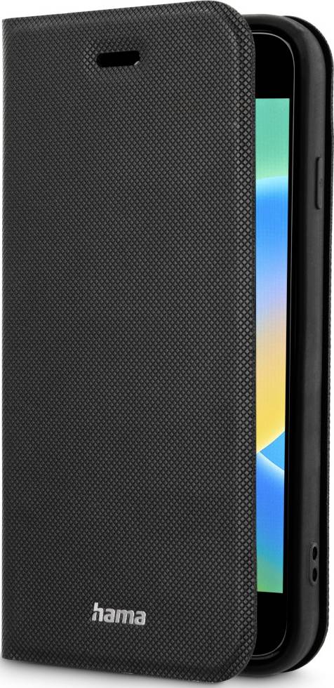 Black mobile phone case by Hama, partially opened, showing a smartphone display with a colourful background.