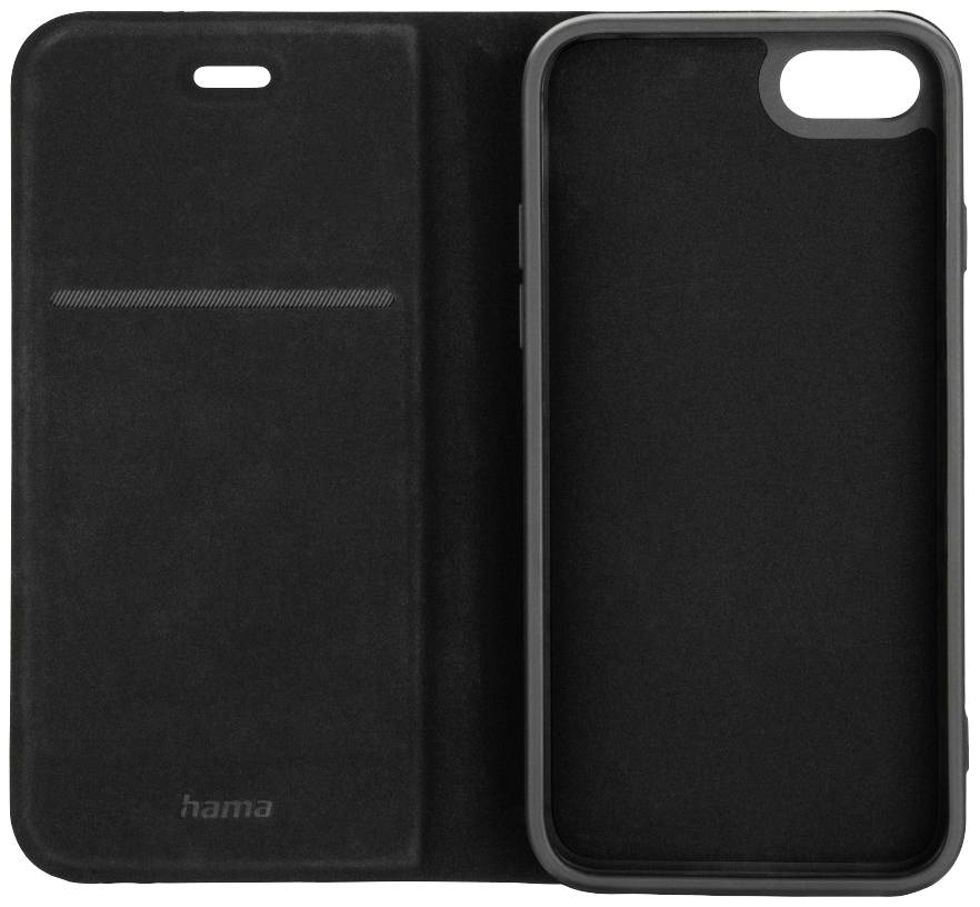 Black smartphone wallet case with a flip cover; space for a card on the left, phone holder on the right. Ideal for protecting the device.