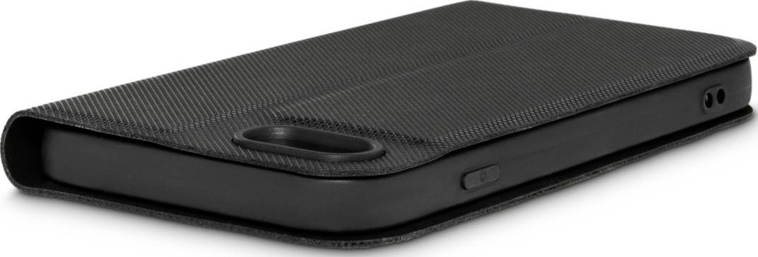Black smartphone case with a textured surface on a white background. The case is slightly open, revealing the side buttons.