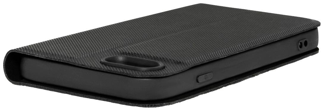 Black textile-style smartphone case, closed, with camera cutout.