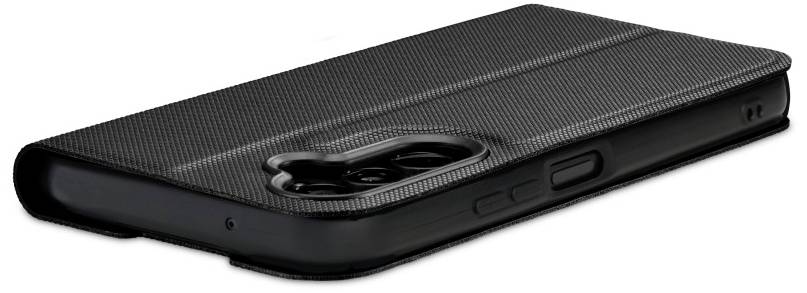 Black smartphone in a textured protective case, side buttons visible. Case protects camera on the back.