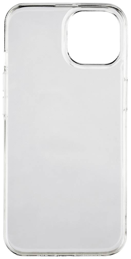 Transparent plastic mobile phone case, rectangular, with camera cut-out in the top left corner, suitable for modern smartphones.
