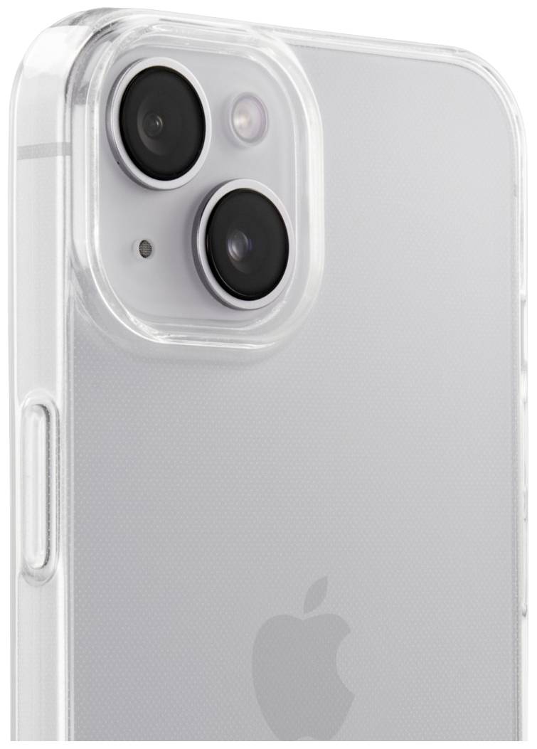 A smartphone in a clear case with two camera lenses and a flash on the back. The Apple logo is visible.
