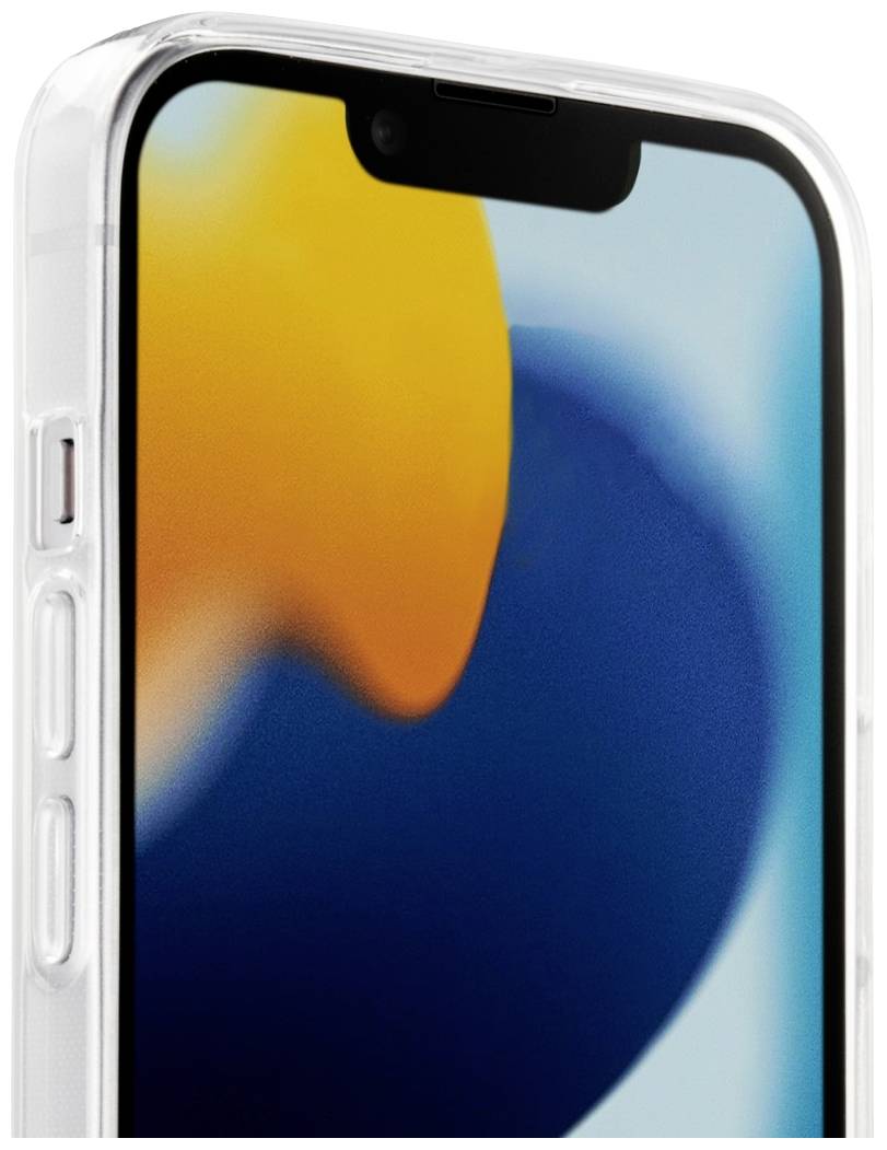 Close-up of a smartphone in a clear case, showing a screen with an abstract background in blue and orange tones.