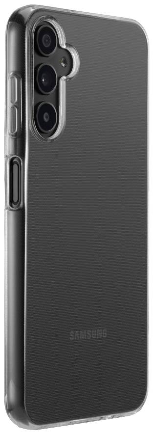 A smartphone with a transparent protective case covering the back and sides, with three camera lenses visible.