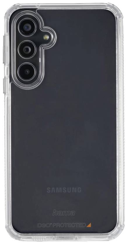 A smartphone with a black back, marked with 'Samsung', in a clear protective case.