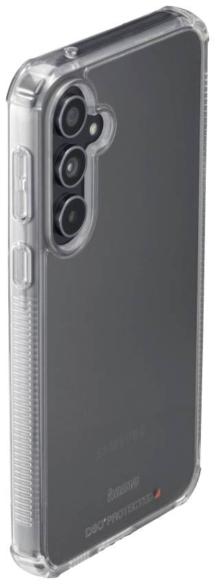 A smartphone in a transparent protective case shows its back with three camera lenses.