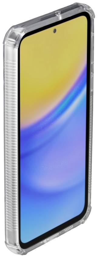 A smartphone with yellow and blue screen content, surrounded by a transparent protective case.