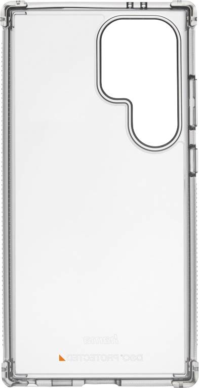 Clear smartphone case with large camera cutouts. Minimalist design, raised side edges for enhanced protection.