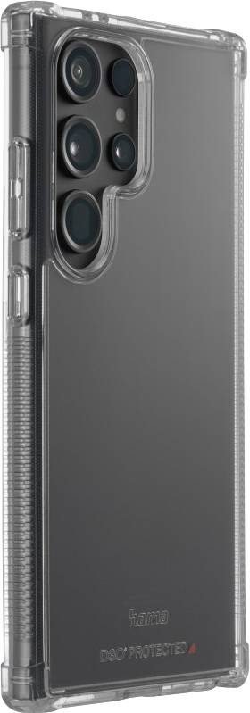 A smartphone in a clear protective case covering the back and camera lenses. The case has a textured surface.