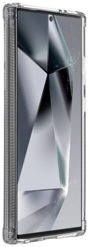 Smartphone in a clear protective case, with a large display and black frame. Screen displays an abstract design.
