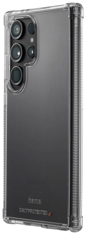 Smartphone with a transparent protective case, black back panel, showing camera lenses.