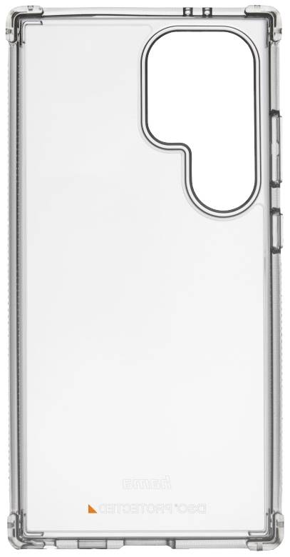 Transparent mobile phone case with a rectangular design and camera cutout. Minimalist appearance with basic protection.