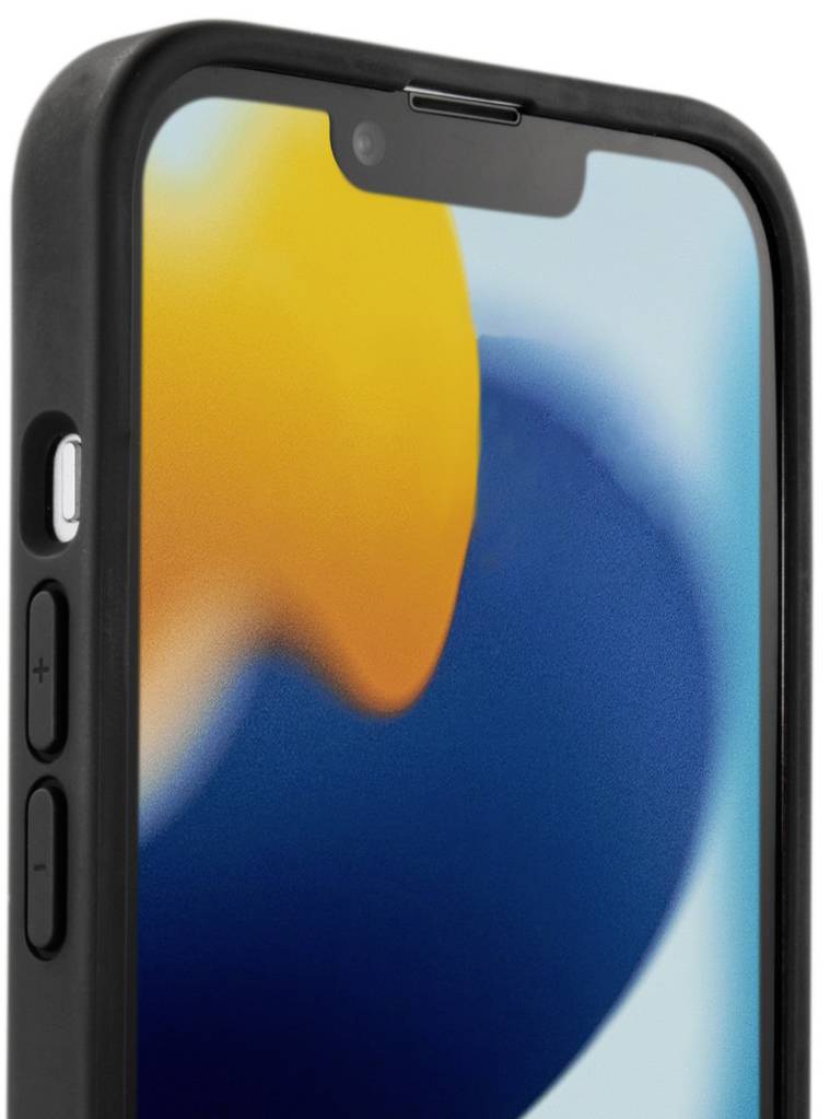 A smartphone with a black border, displaying a colourful background image in yellow, orange, and blue. Volume buttons are visible on the left side.