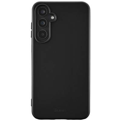 A black smartphone with three camera lenses on the back, in a sleek case.
