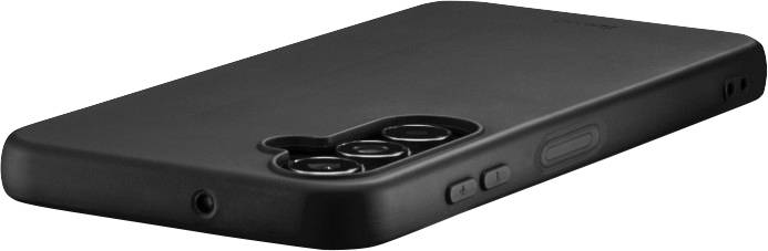 Black smartphone with four camera lenses on the back and side buttons, lying at an angle on a surface.