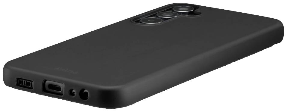 Black mobile phone case with cutouts for camera and ports, lying on a flat surface.