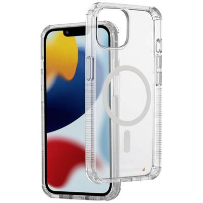 Transparent mobile phone case floating in front of a smartphone. The case shows a circular cutout for wireless charging.
