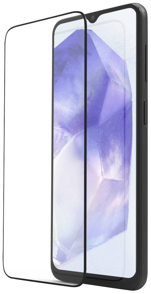 Smartphone with a hardened display protector, background shows a lilac geometric pattern.