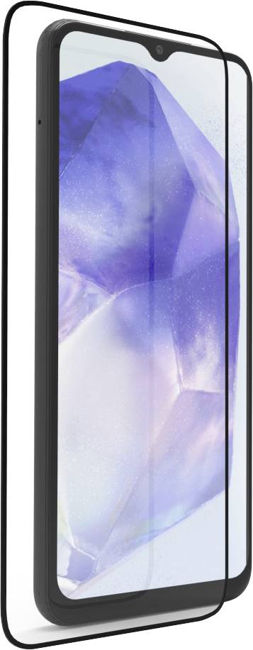 Smartphone with a display showing a purple crystal structure. The device has a thin-framed design and rounded corners.