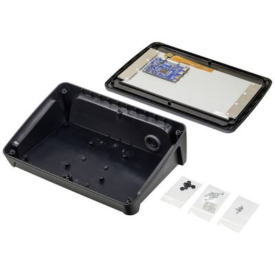 Two-part casing, opened. Upper section with blue circuit board and display. Lower section, empty. Screws and small components beside it.