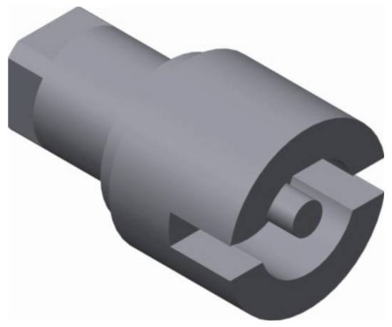 '3D model of a cylindrical mechanical part with grooves and a central hole, potentially a connector or coupler.'