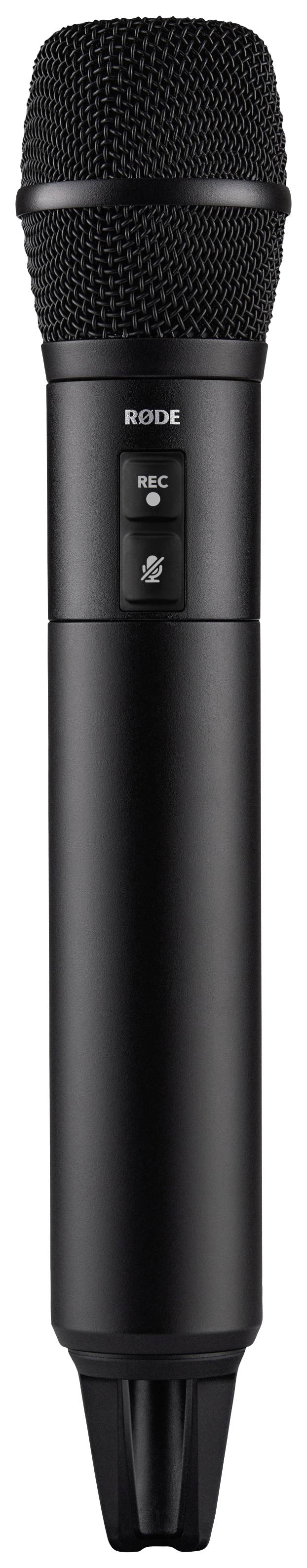 Black wireless microphone, vertically positioned, with visible switch and RØDE brand on the front.