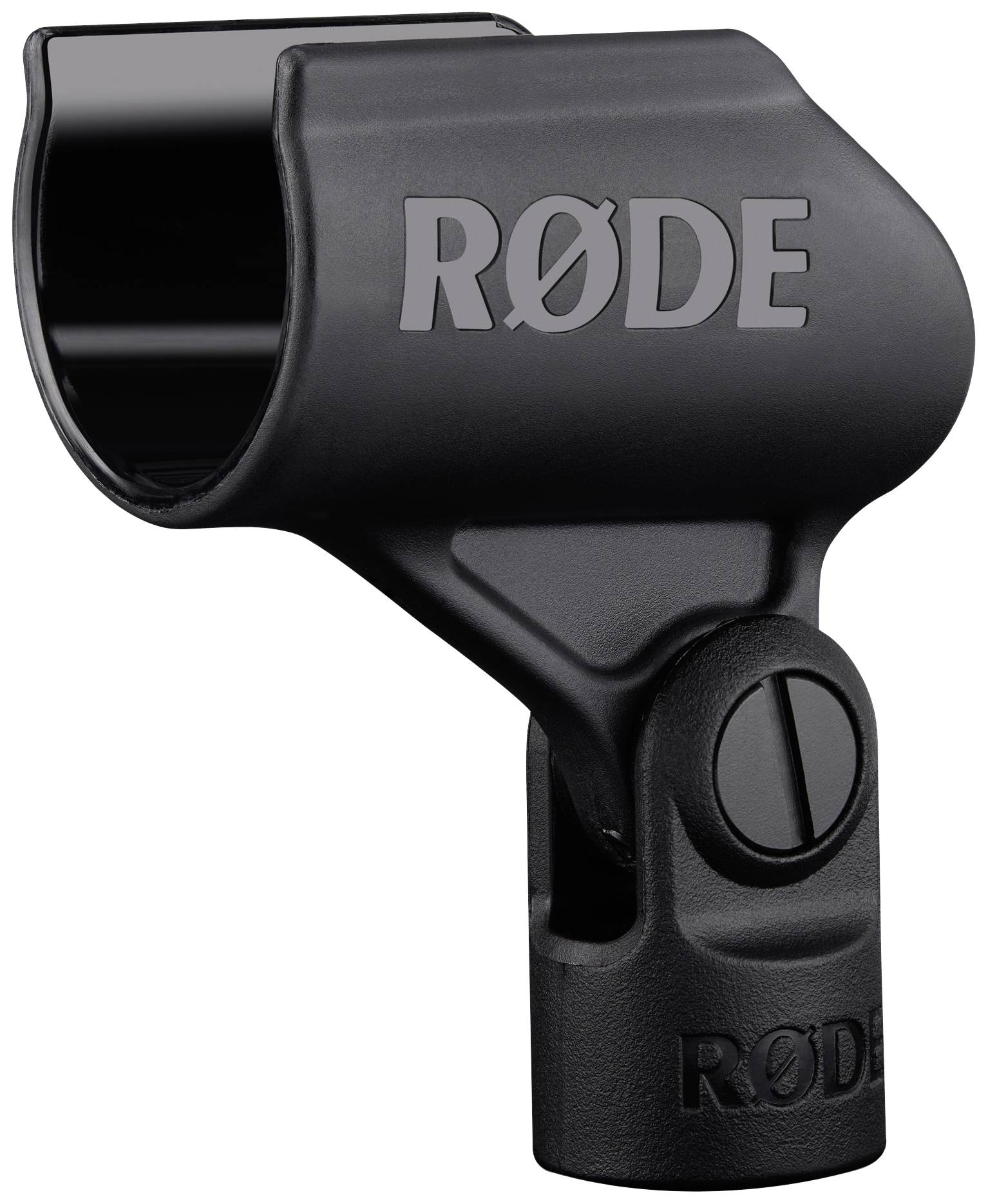 Microphone mount made of black plastic with the 'RØDE' print, suitable for attaching a microphone to a stand.