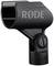 Microphone mount made of black plastic with the 'RØDE' print, suitable for attaching a microphone to a stand.