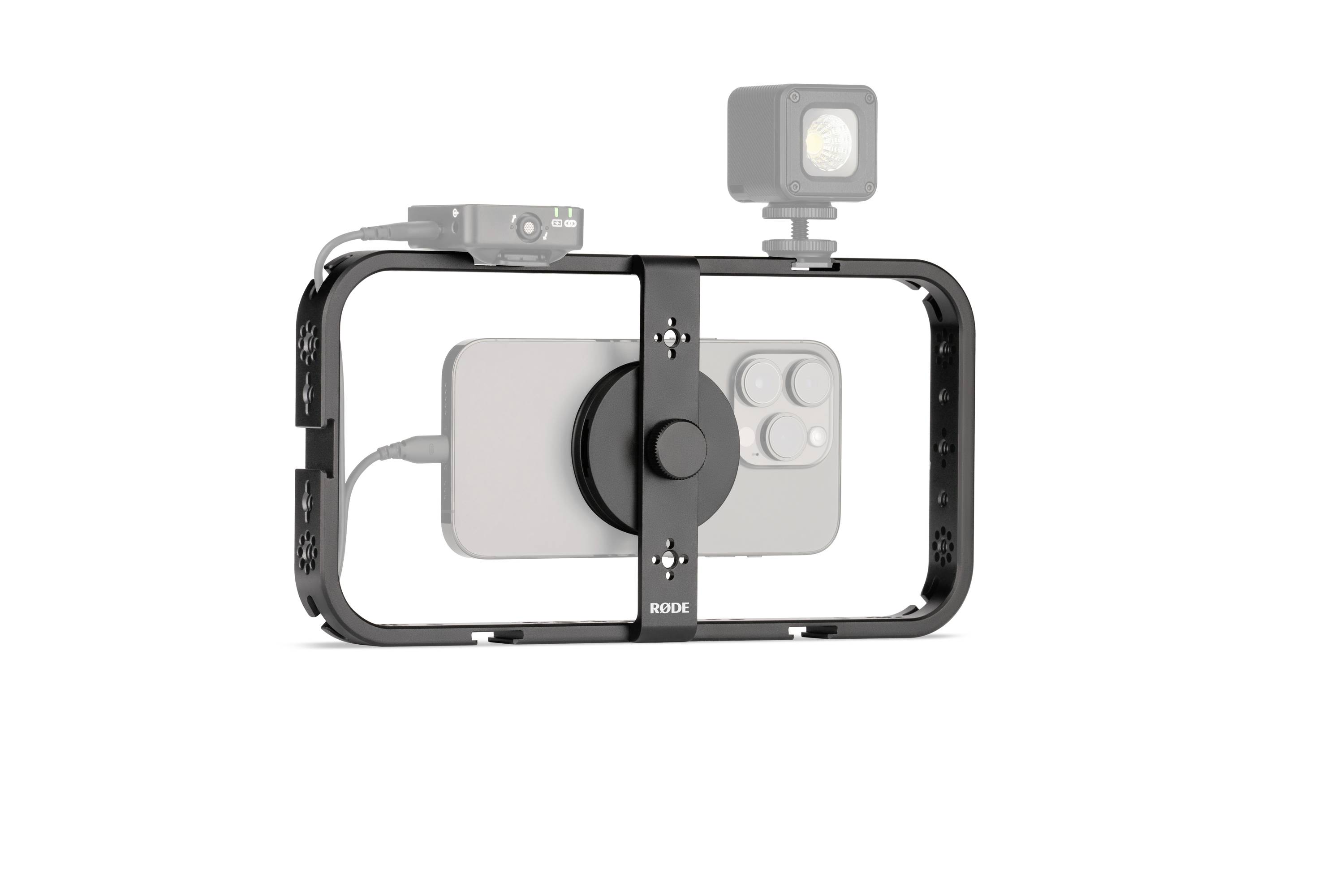 Metal frame for smartphone with mounting points for accessories such as microphone and camera. Ideal for mobile video recording.
