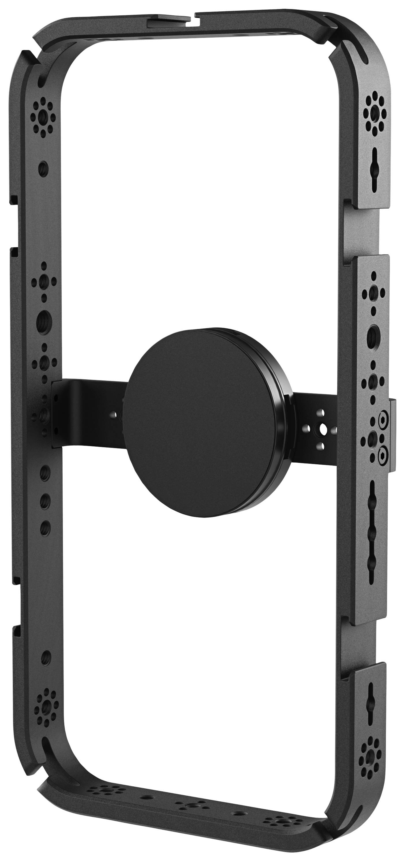 'Black, rectangular device holder, likely for a mobile phone mount, with adjustable side rails and round mounting points.'