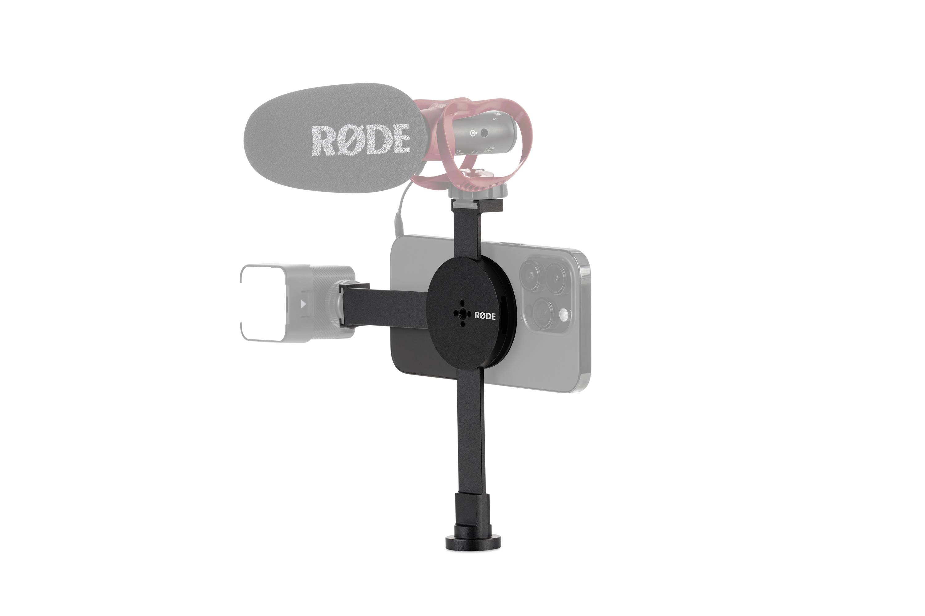 'RØDE' microphone on stand with smartphone holder. Perfect for mobile audio recordings.