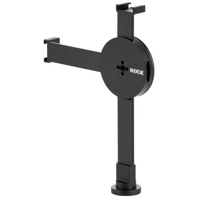 A black microphone arm from RØDE, which is pivotable and used for mounting a microphone on a desk.