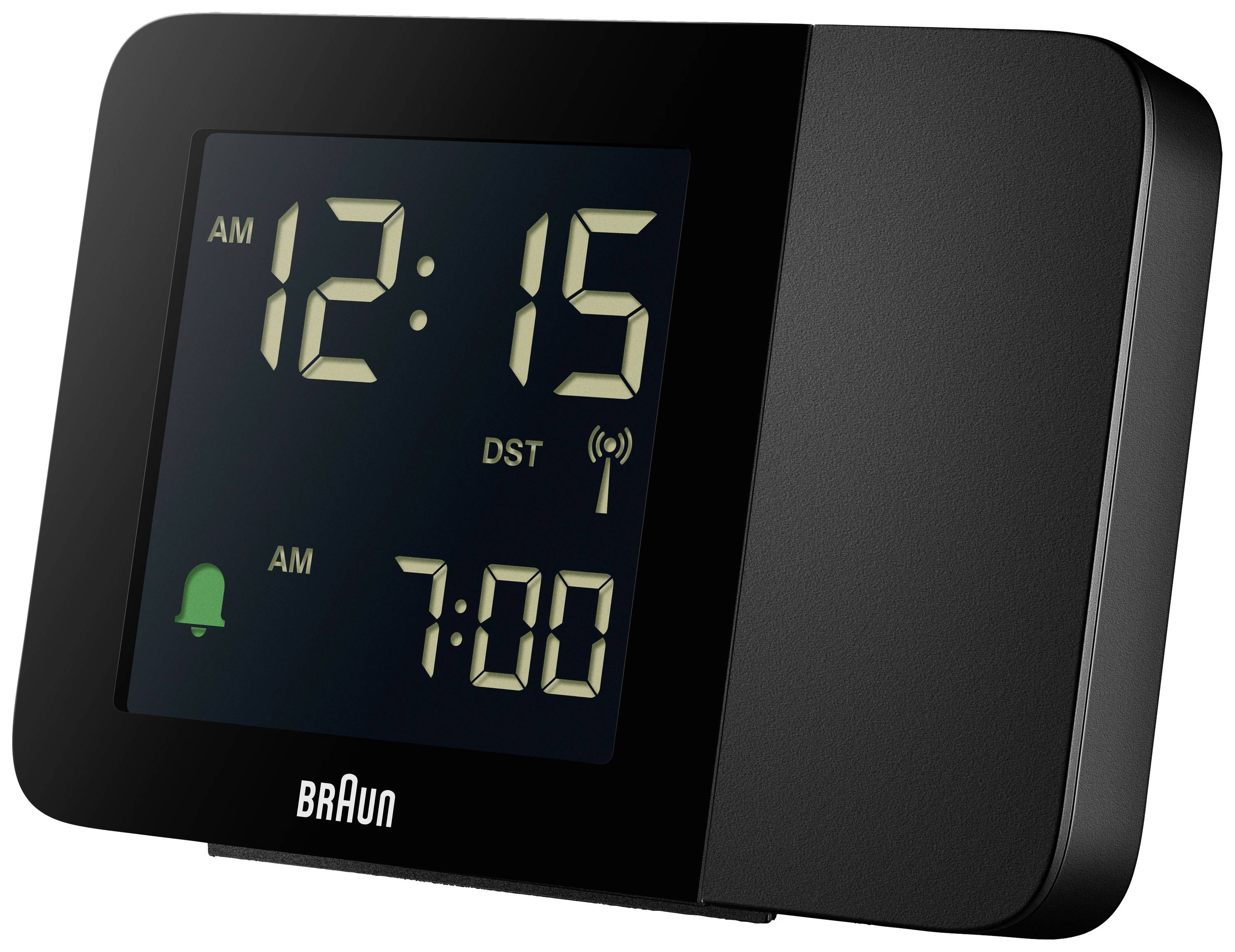 'Digital clock showing 12:15. Alarm set for 7:00. Daylight saving time symbol visible. Black casing.'