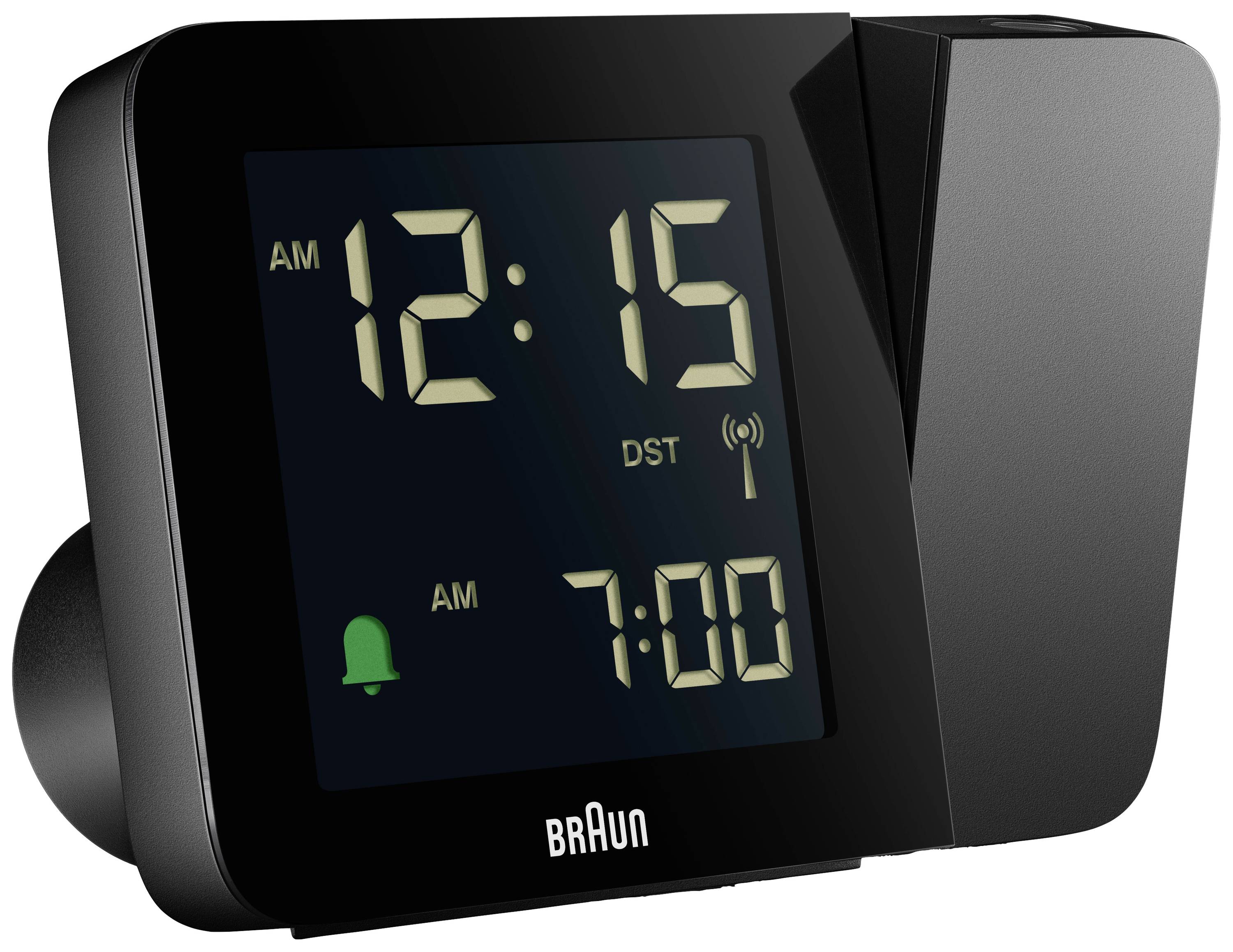 Electronic digital desk clock showing '12:15 AM' and alarm set to '7:00 AM'.