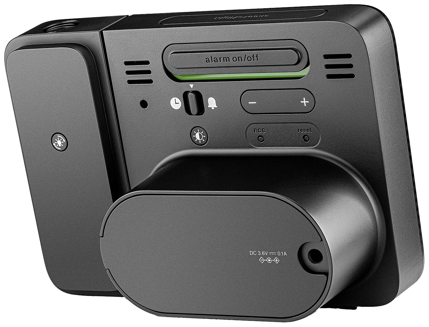 A rear view of an electronic device with power on/off switch, alarm button, and power connection, suitable for wall mounting.