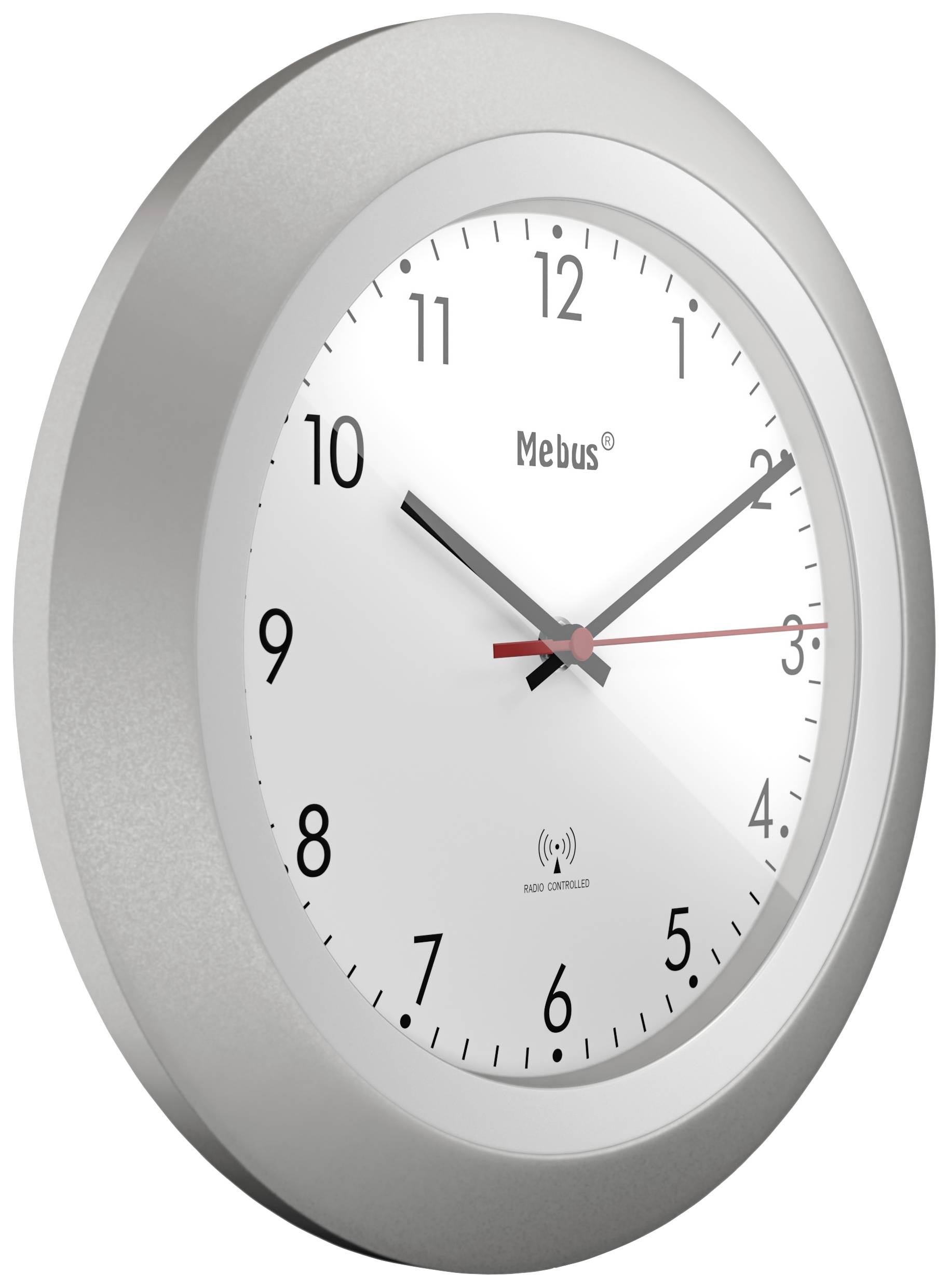 A silver wall clock with a white face and black numbers. The hands are showing approximately 10:10.