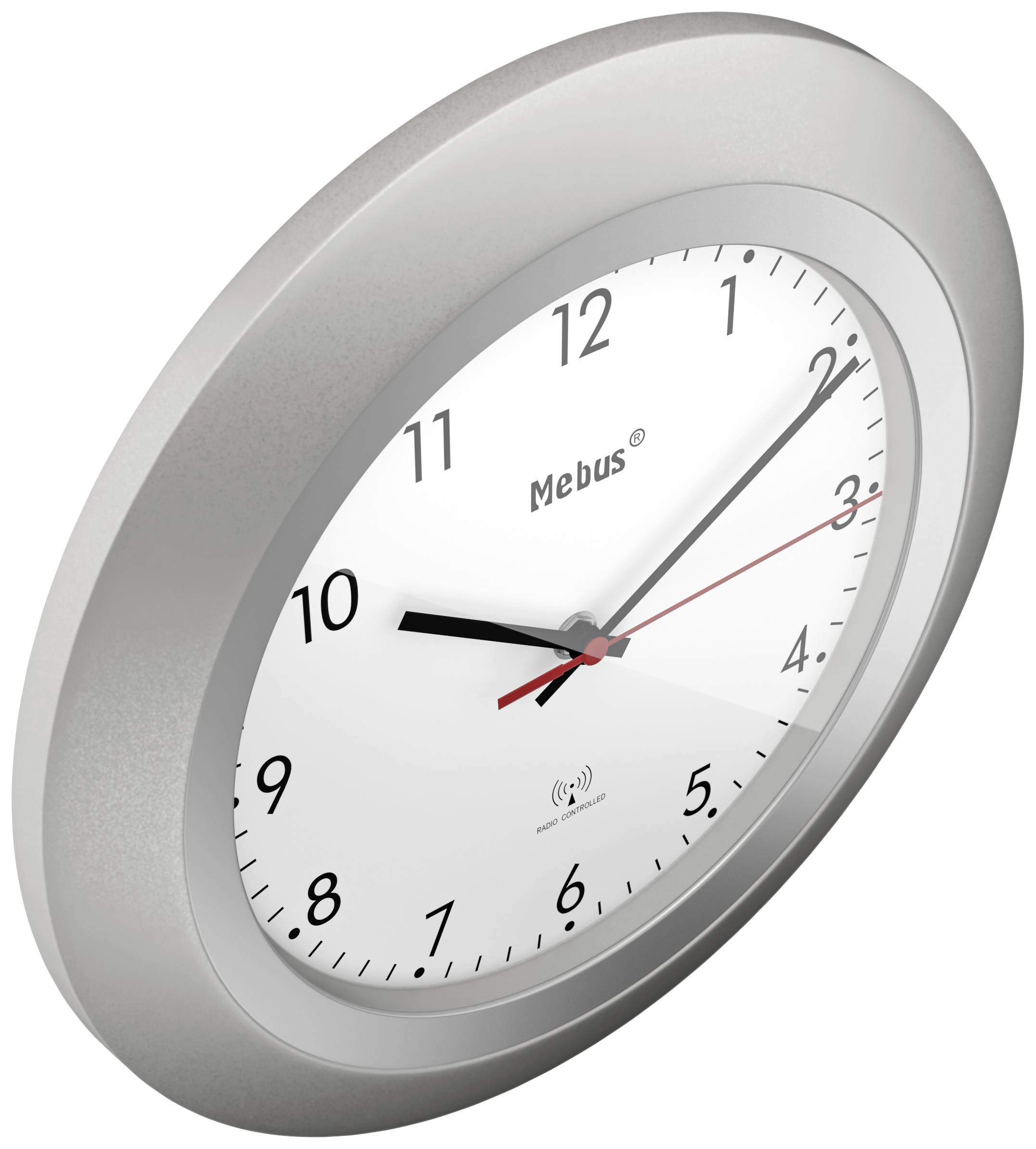 Round wall clock with a silver frame, white dial, black numerals and hands, and a red second hand.