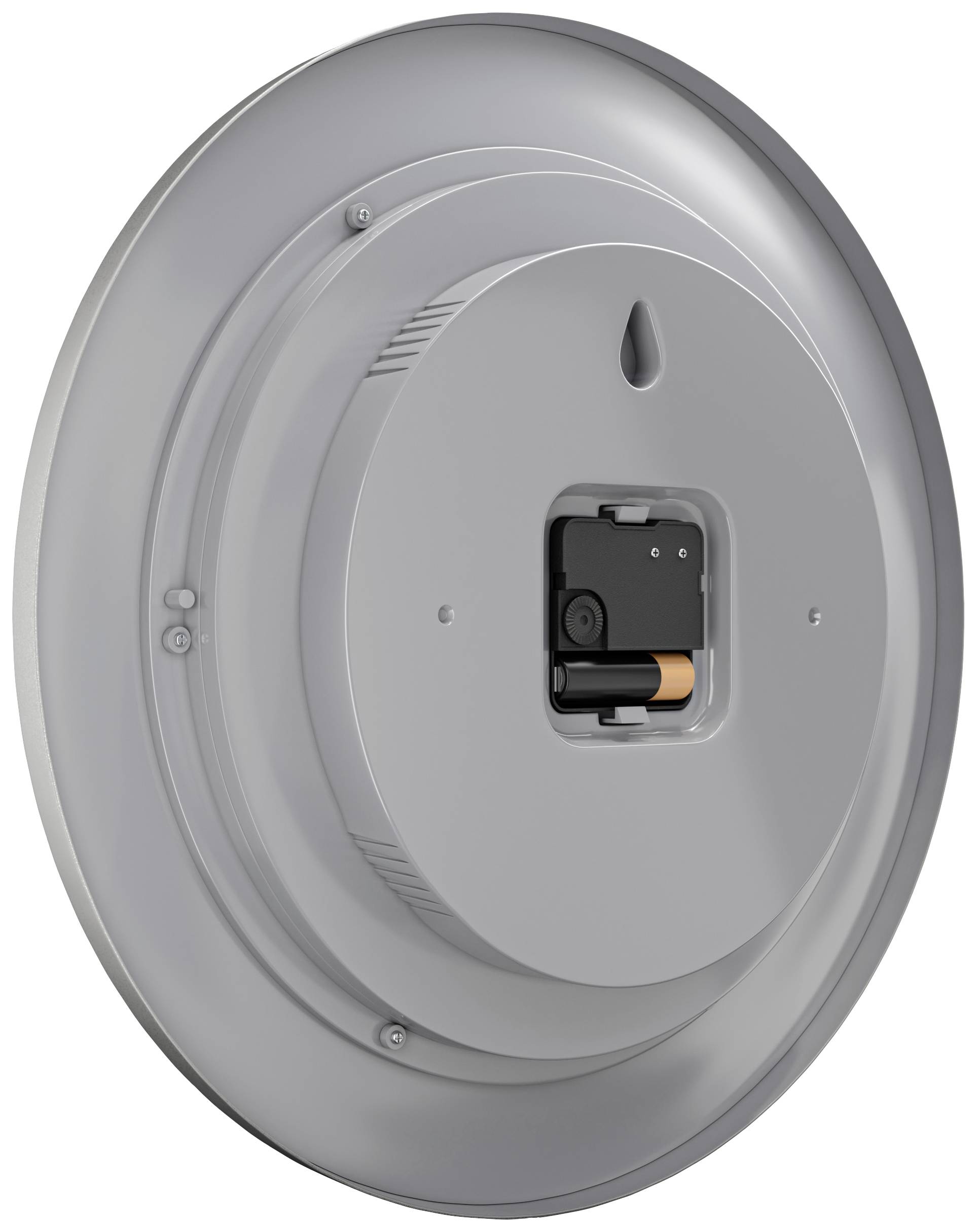 Round smoke detector with removable back panel and battery holder, showing a grey housing construction.