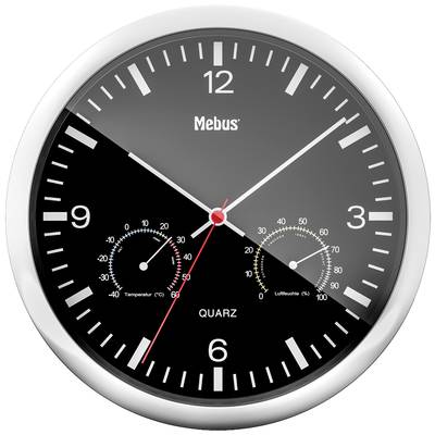 Analogue wall clock with a black dial, white hour and minute hands, and a red second hand. Temperature display on the left, humidity display on the right.