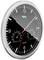 Black wall clock with white dial and silver rim, showing 10:09. Integrated temperature and humidity display.