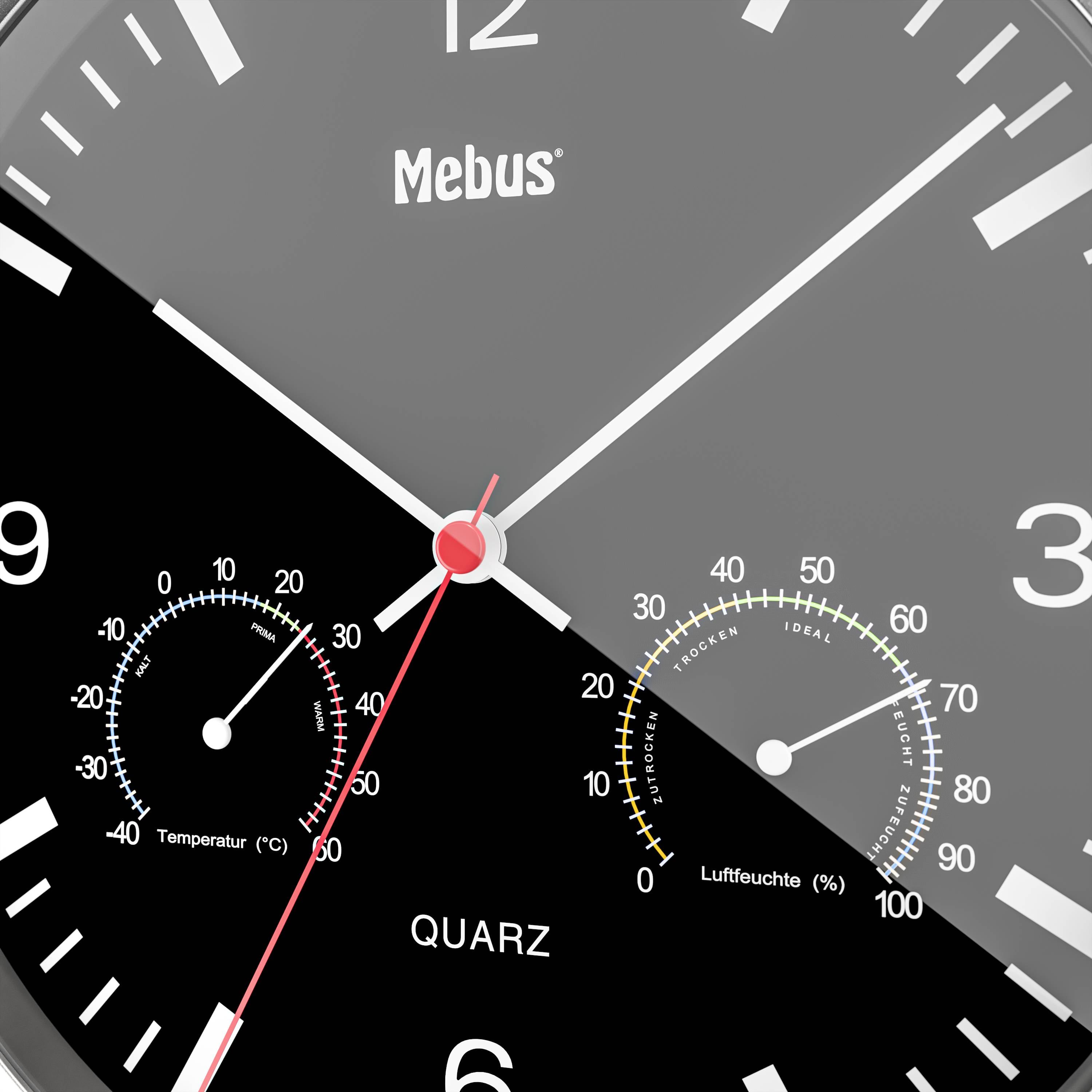 Black wall clock with red and white hands, showing 12:08. Integrated thermometer and hygrometer display at the bottom.