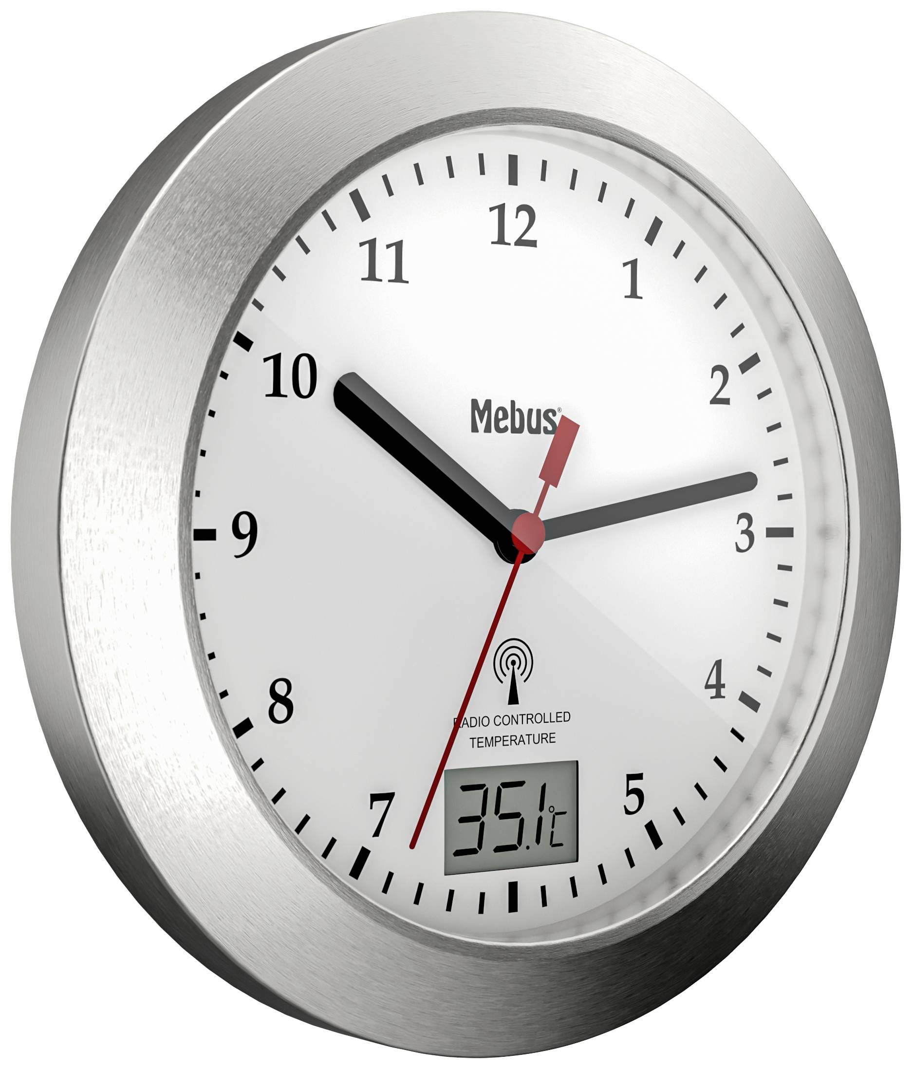 Analogue radio-controlled clock with temperature display; silver case, white dial; showing 10:10, temperature 35.1°C.