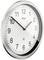 Analogue wall clock with silver rim shows 10:10.