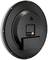 Back of a round, black wall clock with an open battery compartment containing an AA battery.