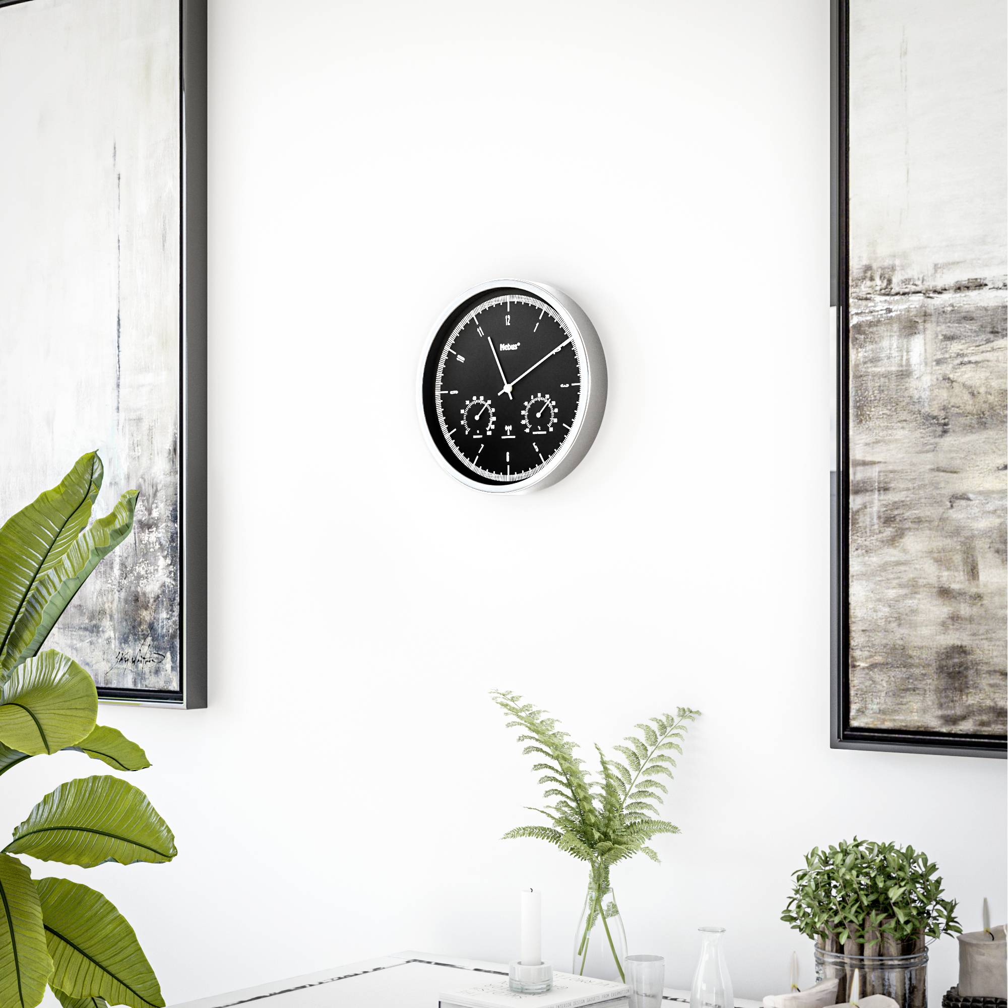 A round wall clock with a black dial shows 10:10. Below this, two plants sit on a white table.