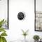 A round wall clock with a black dial shows 10:10. Below this, two plants sit on a white table.