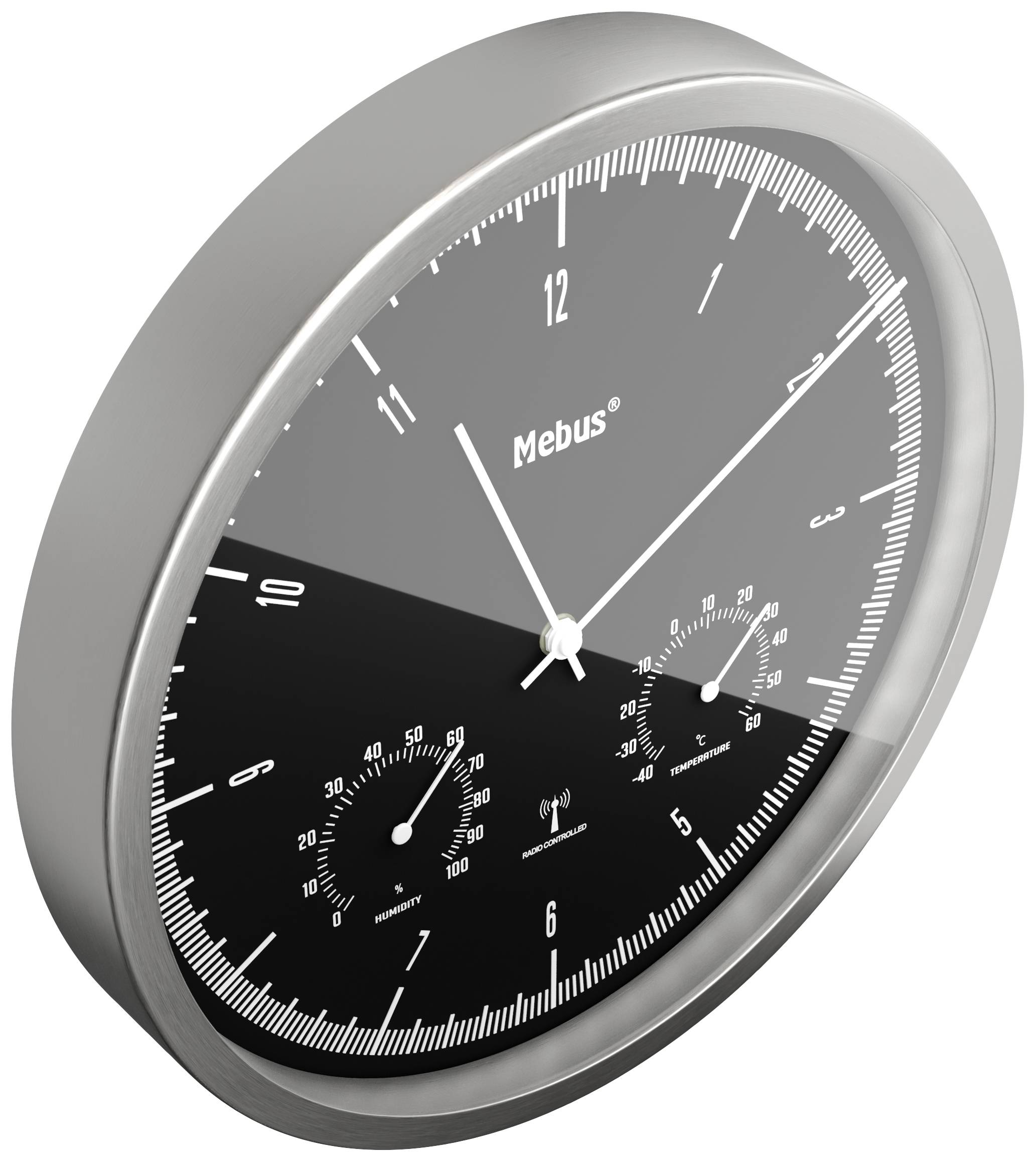 Black wall clock with a silver border, white numerals and hands, showing 10:08. Two smaller dials at 6 and 9 o'clock.