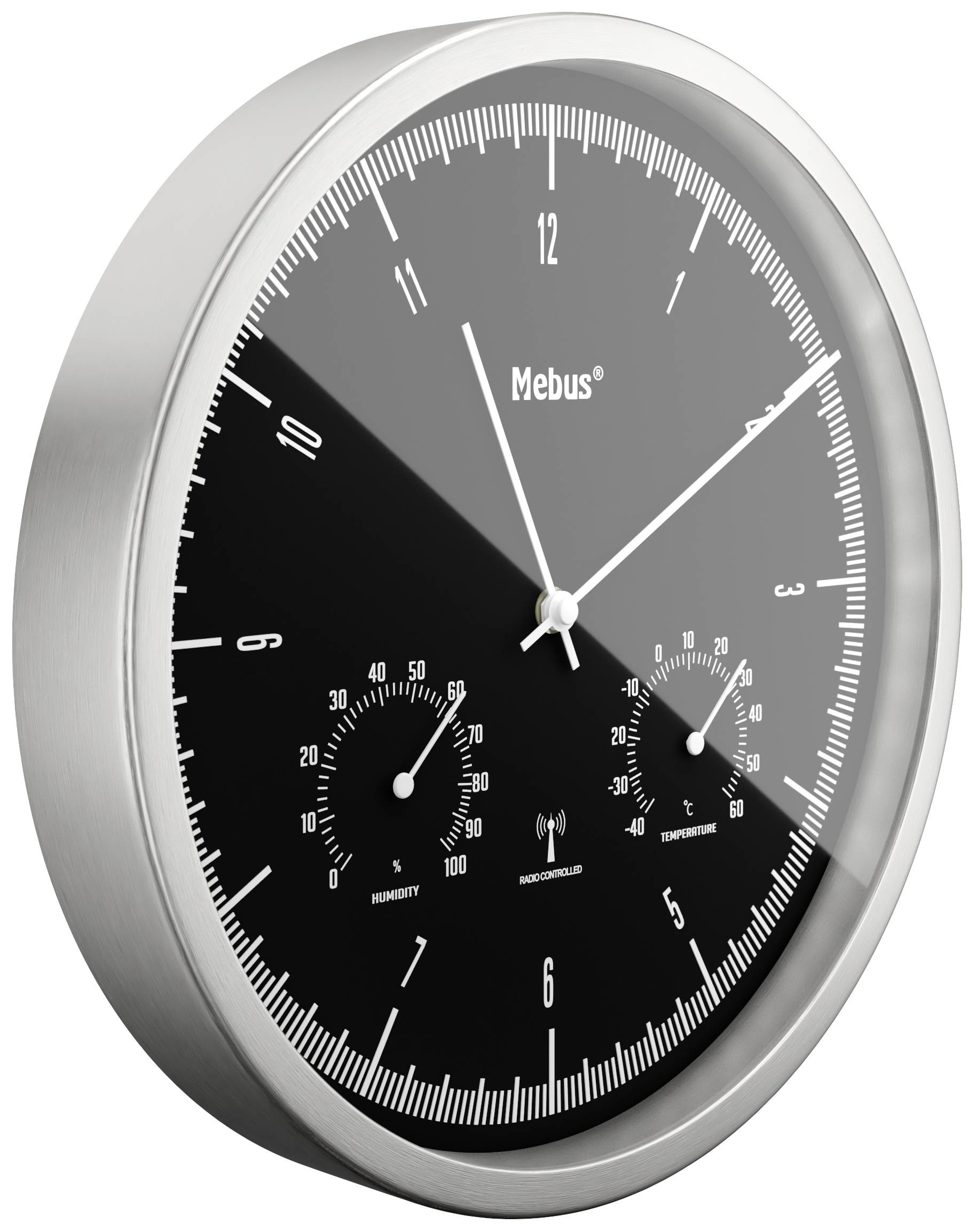 Analogue wall clock with a black dial, hour and minute hands, and two small dials for temperature and humidity.